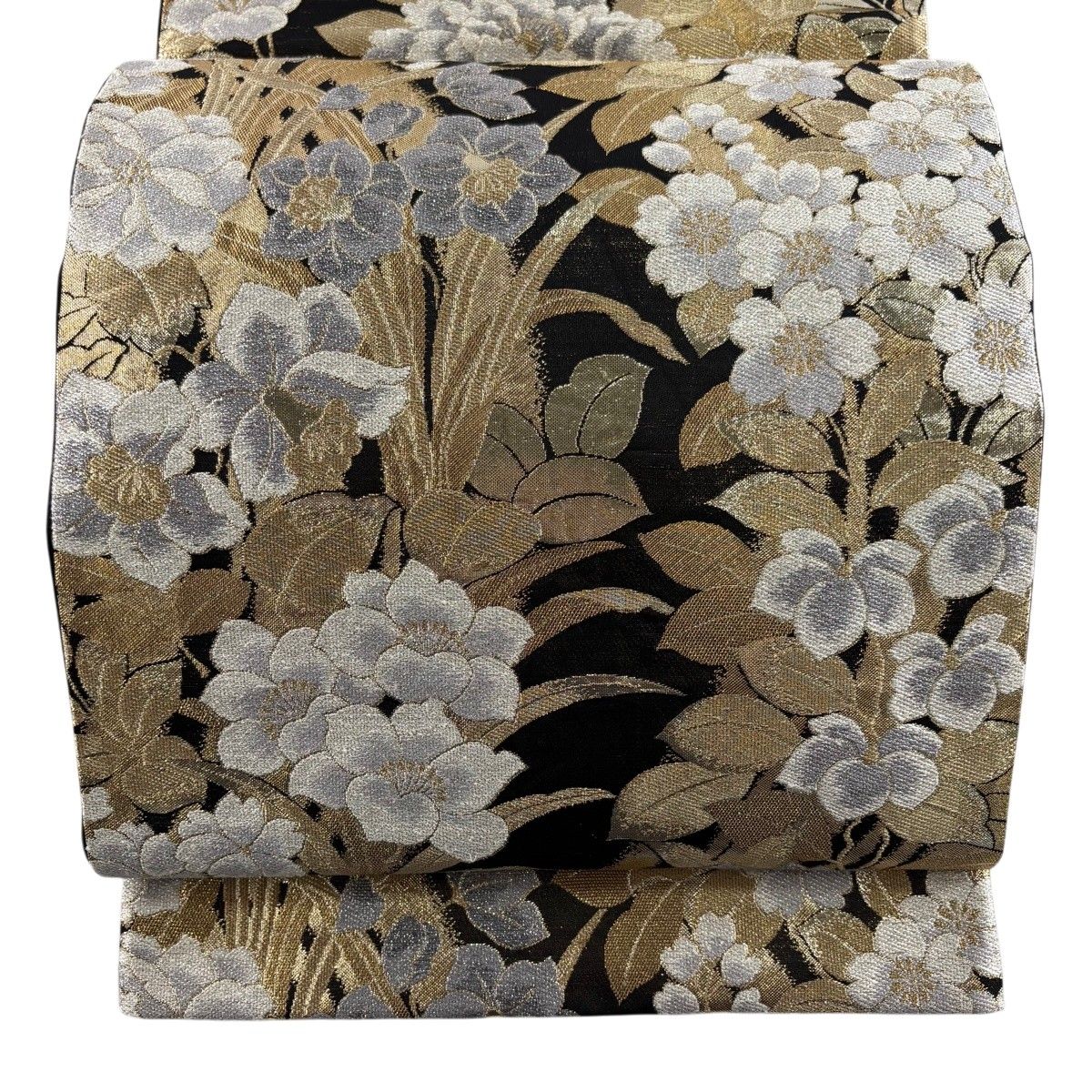 【美品】 袋帯 秀品 草花 桜 金銀糸 箔 黒 六通 正絹 【中古】