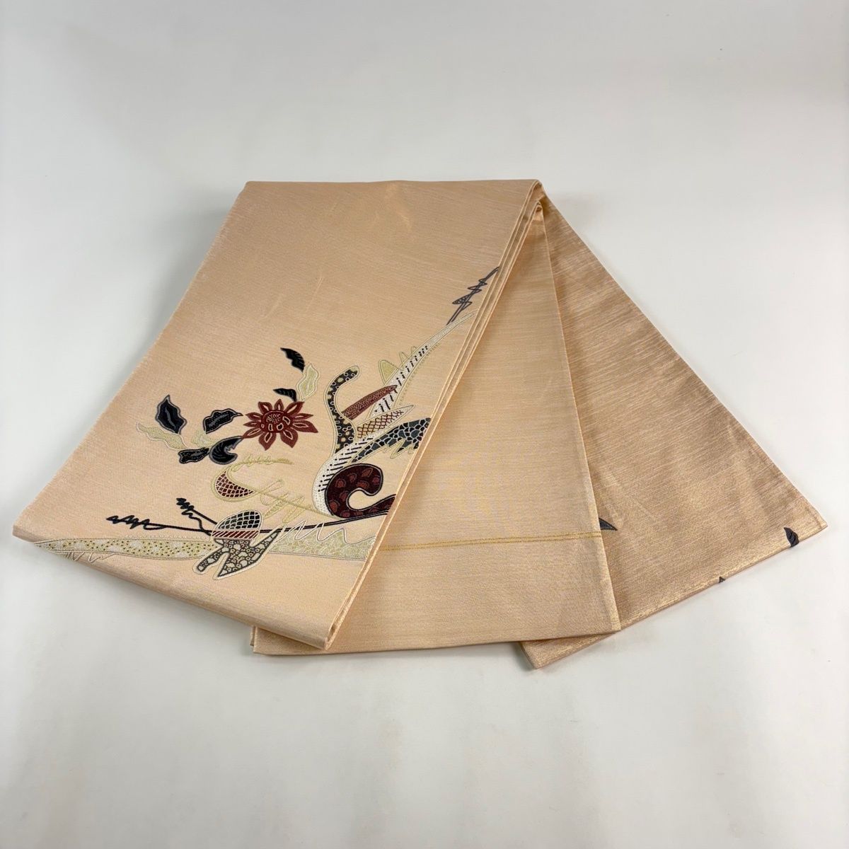 1960 華 袋帯 お太鼓 花 抽象 上品 モダン 洒落 ベージュ 袋帯 秀品 