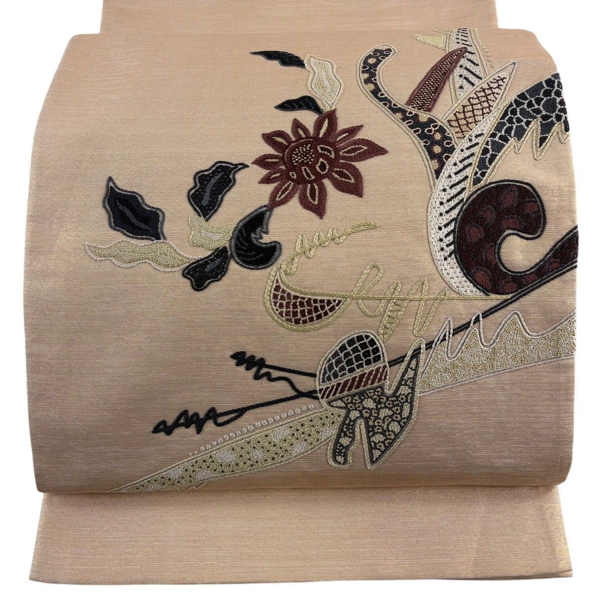 袋帯 秀品 草花 幾何学 刺繍 箔 ベージュ お太鼓柄 正絹 【中古