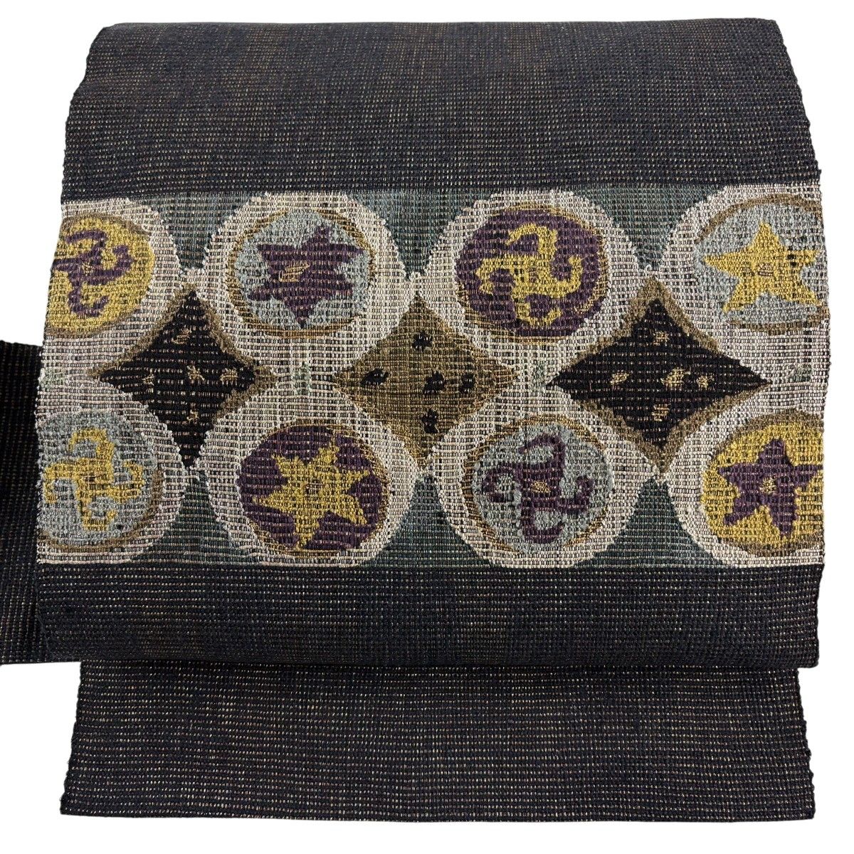 【美品】 名古屋帯 秀品 八寸名古屋帯 幾何学模様 金糸 墨色 正絹 【中古】