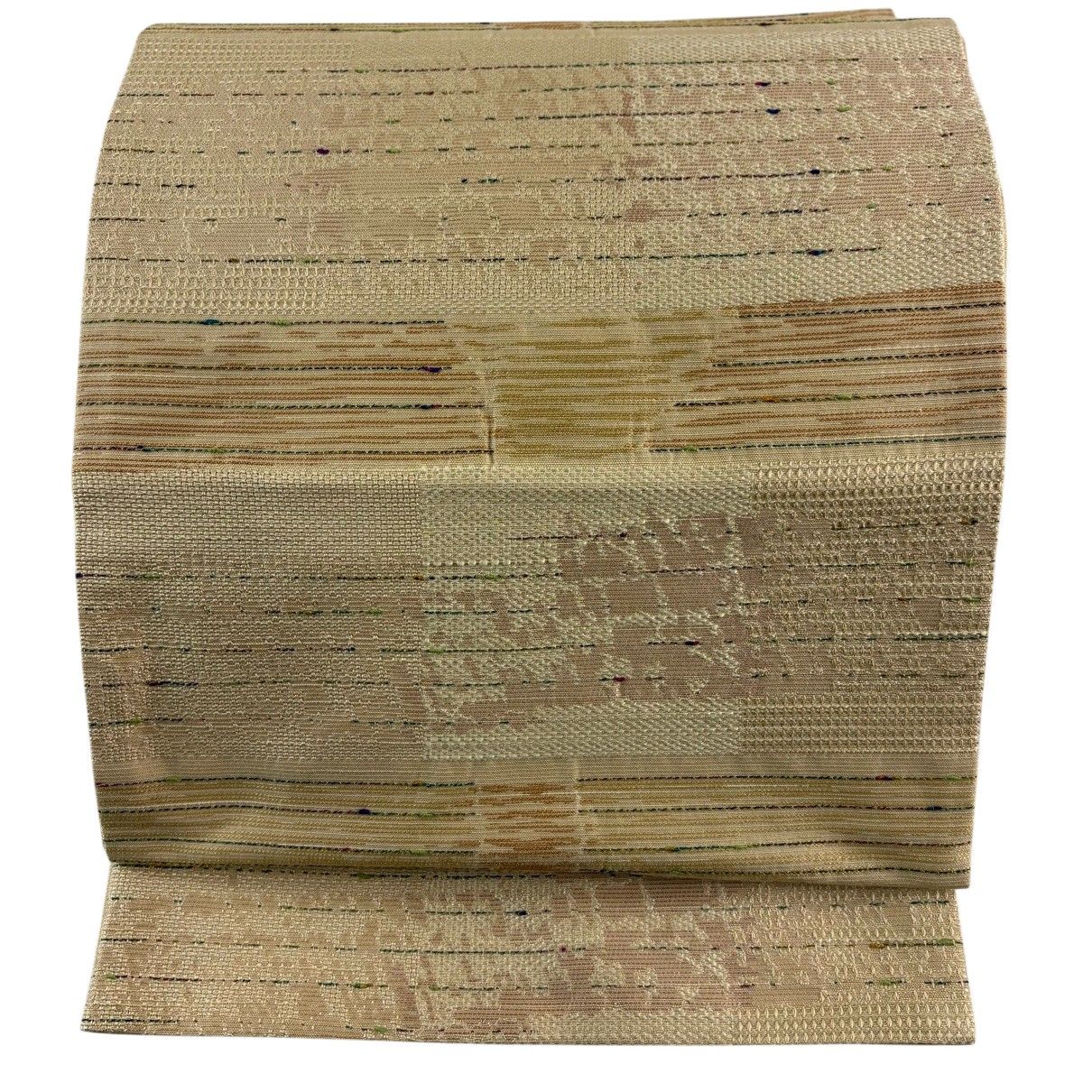 【美品】 袋名古屋帯 秀品 段縞 幾何学模様 薄黄土色 化繊 【中古】 8,378円