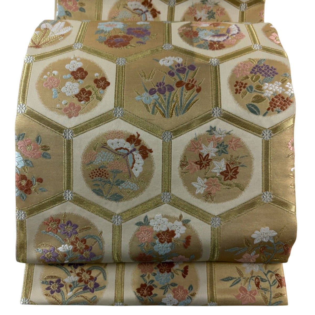 美品】 袋帯 秀品 亀甲 草花 金銀糸 箔 ベージュ 六通 正絹 【中古 
