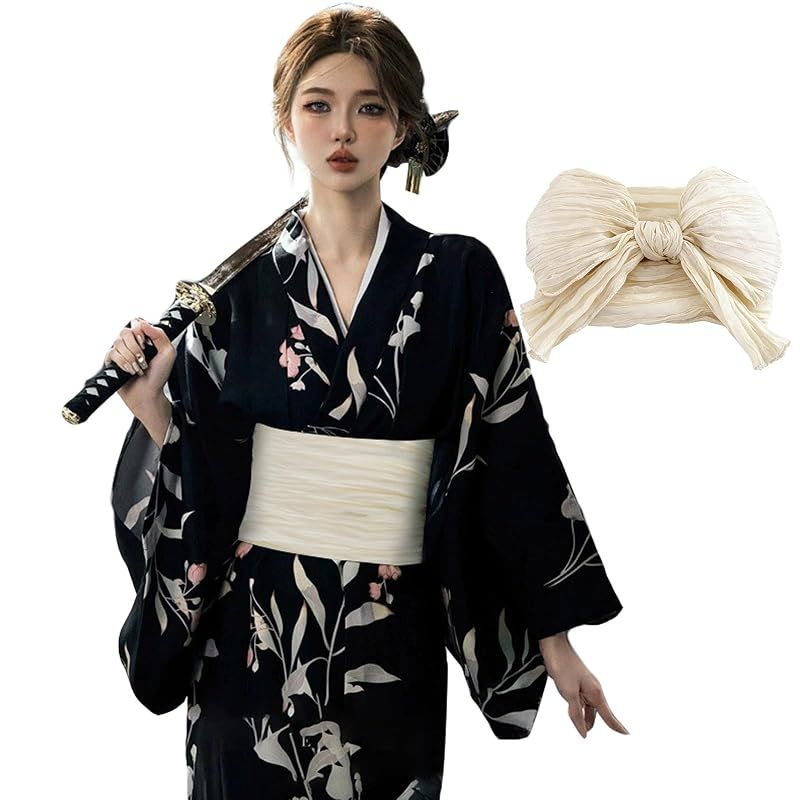 [Qichenk] 浴衣 レディース 和服 花魁 和風コス 2点セット 兵児帯 花火大会 夏祭り 大人 ゆかた 花火大会 レディース ワンピース フリーサイズ ブラック 黒色 コスプレ ハロウィン 学園祭 演出 おしゃれ 仮装用 H-040-black