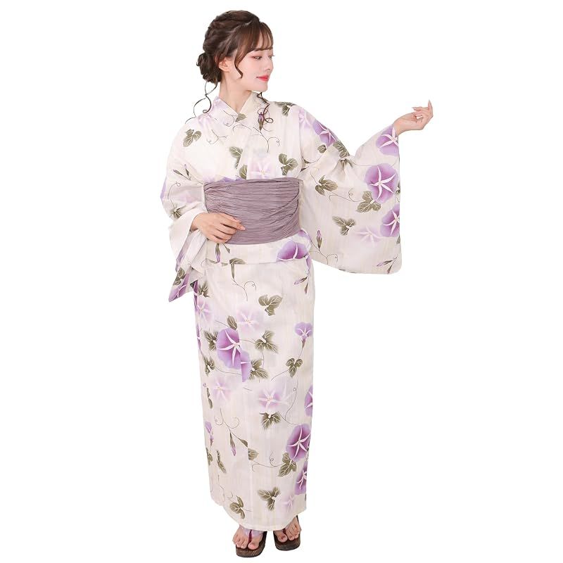 [KYOETSU] [キョウエツ] 浴衣セット 変わり織 生成り 2点セット(浴衣、兵児帯) レディース A (朝顔の透まとい, フリーサイズ)