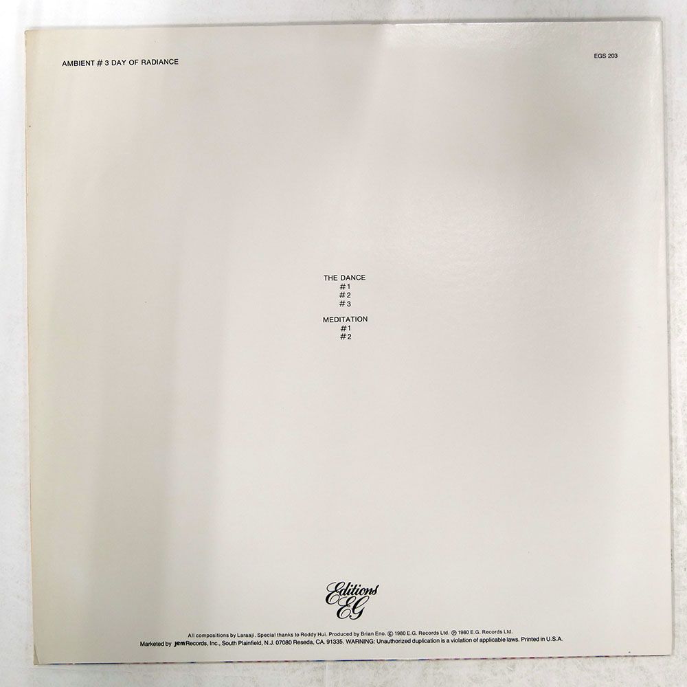 LARAAJI, BRIAN ENO AMBIENT 3 DAY OF RADIANCE EDITIONS EG EGS203 LP