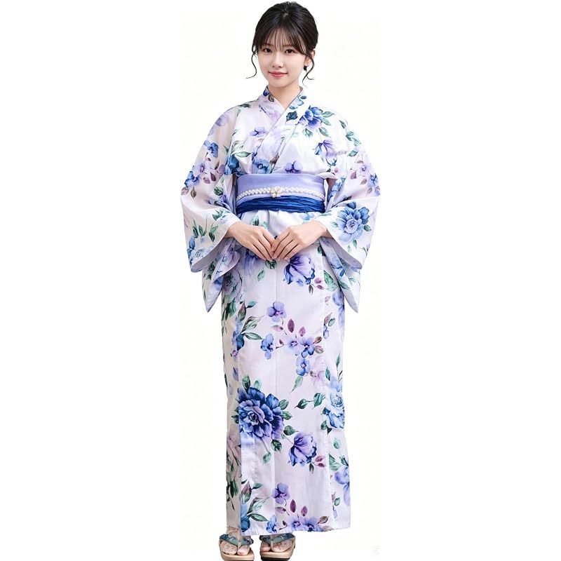 [FLORTTE] 浴衣 2点セット レディース 大人 ワンピース浴衣 しわ兵児帯 2way 簡単着付け 優しい 爽やか 花火大会 夏祭り かわいい 涼しい (風華の詩×瑠璃紺, M)