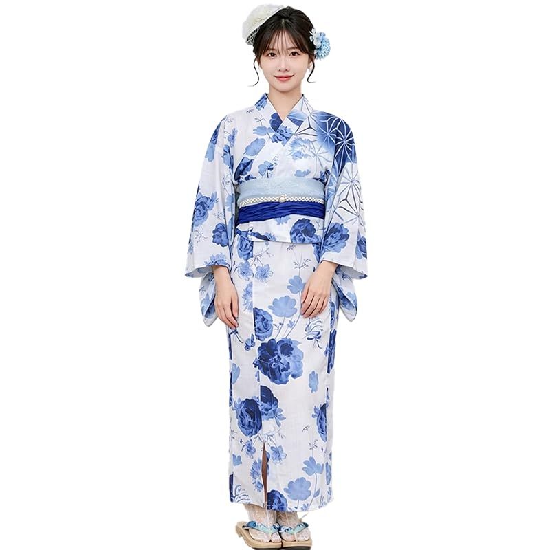 [FLORTTE] 浴衣 2点セット レディース 大人 ワンピース浴衣 しわ兵児帯 2way 簡単着付け 優しい 爽やか 花火大会 夏祭り かわいい 涼しい (青花の舞×紺, S)