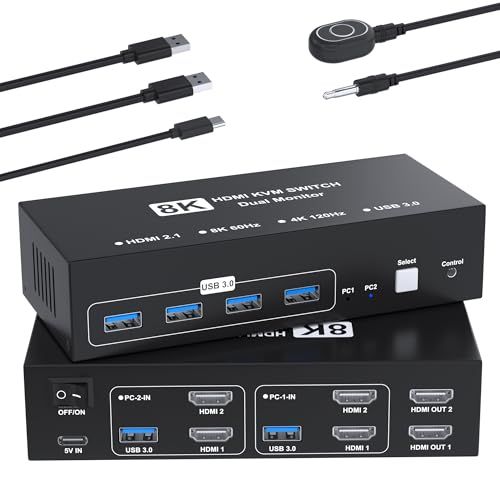 8K@60Hz HDMI KVMスイッチ 2入力2出力 HDMI KVM 切替器 パソコン2台モニター2台切り替え 4つのUSB 3.0ポート キーボード/マウス/プリンター/他のデバイス対応 パソコン切替機 PC 切替機 USB 切替器 ＨＤＭＩ セレク★m 7,070円
