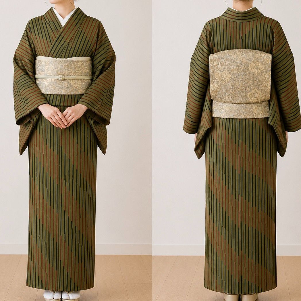 K323 単衣 絽 縦縞 ストライプ 正絹 和装 和服 着物 - メルカリ