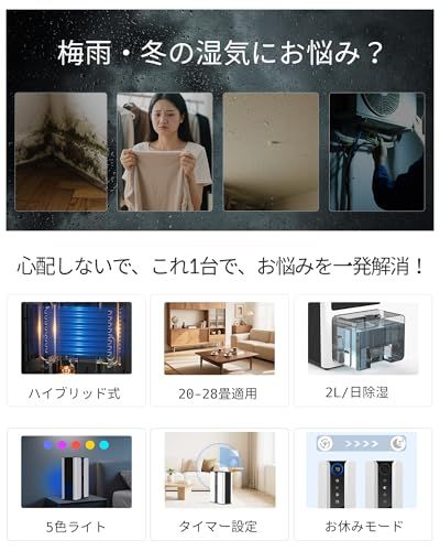 除湿機 小型 大容量3L【睡眠モード&ハイブリッド式＆20-28畳】除湿器