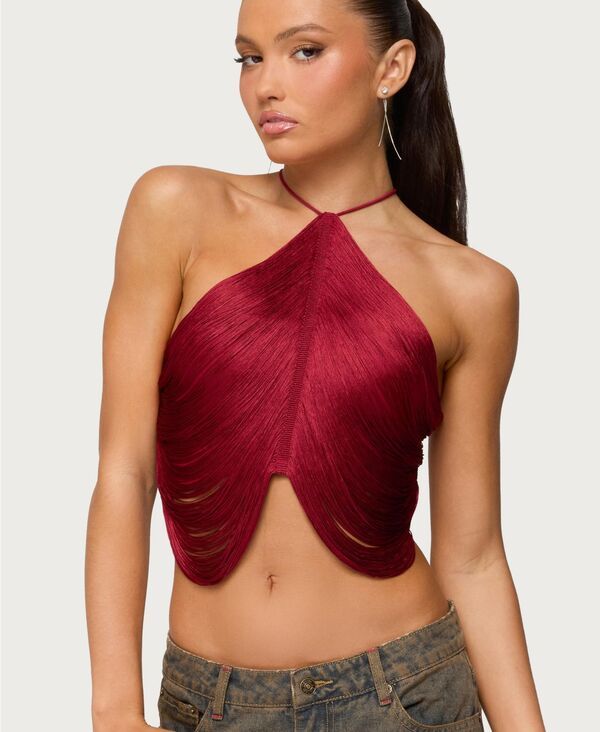 アディクテッド レディース トップス シャツ 背中開き フリンジ Edikted Womens Hara Fringed Crisscross Backless Top Burgundy バーガンディ 10,904円