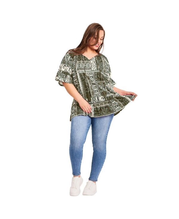 アベニュー レディース トップス シャツ プラスサイズ AVENUE Womens Plusize Flutter Sleeve Top Olive patchwork オリーブ