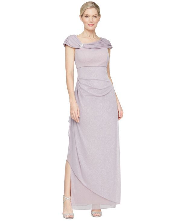 アレックスイブニングス レディース トップス ワンピース プチ メッシュ Alex Evenings Petite LNeck GlitterMesh Long Dress Mauve