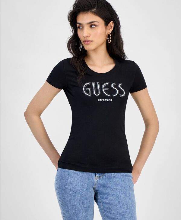 ゲス レディース トップス シャツ クルーネック 半袖 ロゴ GUESS WomenshortSleeve Crewneck Logo Tee Jet Black A996 ブラック