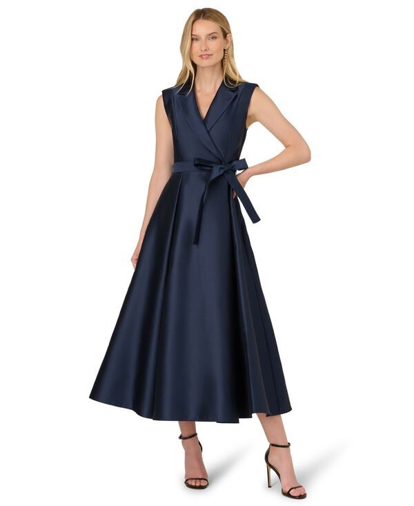 アドリアナ パペル レディース トップス ワンピース プチ ノースリーブ Adrianna Papell Petite Lapel Mikado Sleeveless Dress Midnight