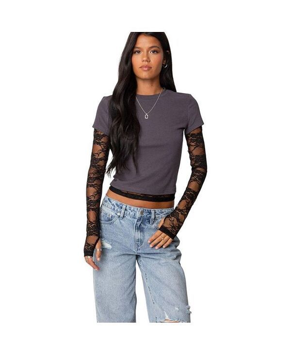 アディクテッド レディース トップス シャツ レース Edikted Womens Layered Lace Sleeve T Shirt Gray グレー