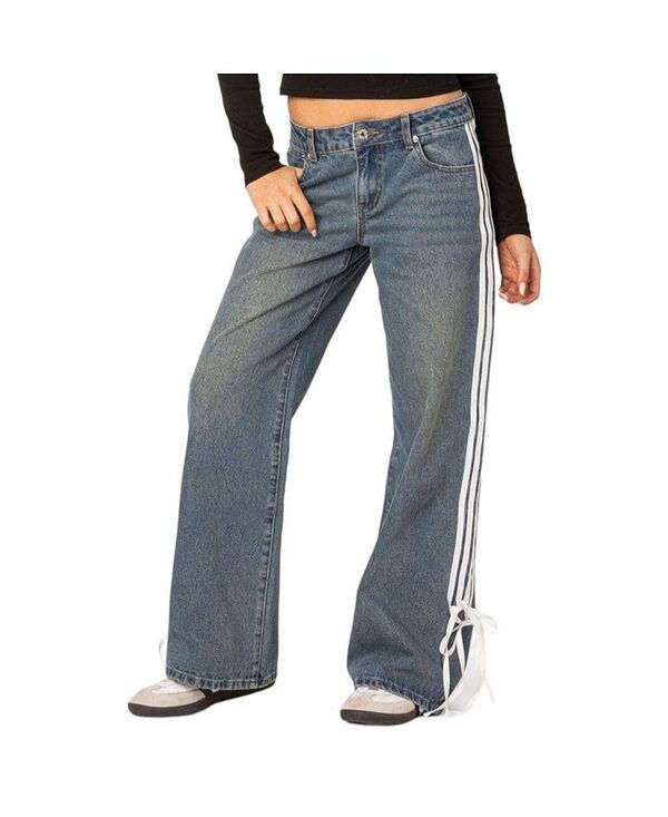 アディクテッド レディース ボトムス デニムパンツ ローライズ ジーンズ Edikted Womens Washed Low rise ribbon jeans Bluewashed ブルー