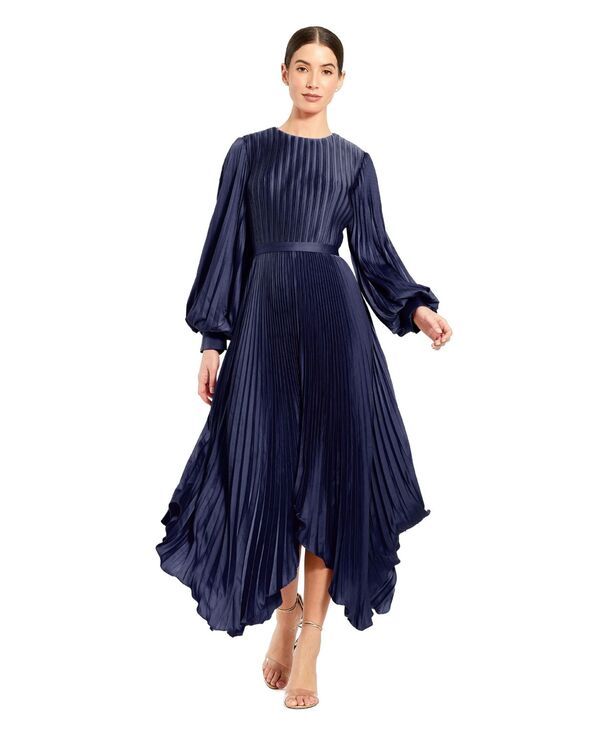 マックダガル レディース トップス ワンピース プリーツ Mac Duggal Womens Long Sleeve Pleated Charmeuse Handkerchief Dress Midn