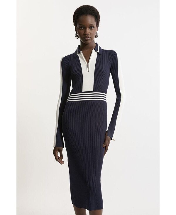 カレンミレン レディース トップス ワンピース リブニット ポロシャツ ミディ ニット Karen Millen Womens Rib Knit Polo Zip Up Midi Dress Navy