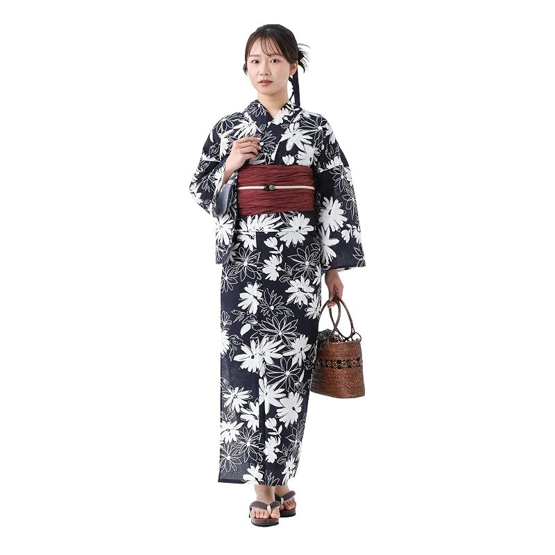 [たゆたふ] デート浴衣 平織 浴衣 3点セット 大人 セット 女性 帯 下駄 レディース (小花柄 濃紺地)
