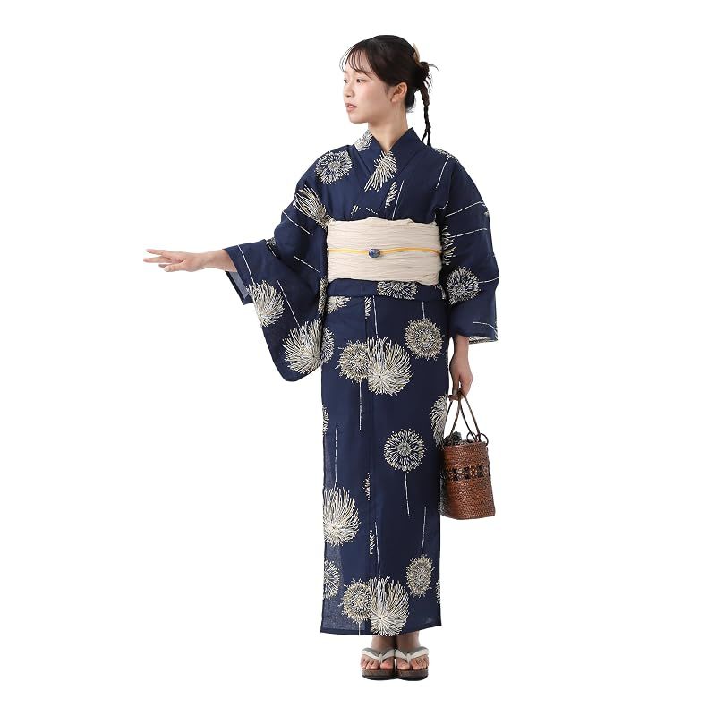 [たゆたふ] デート浴衣 平織 浴衣 3点セット 大人 セット 女性 帯 下駄 レディース (花火 紺)