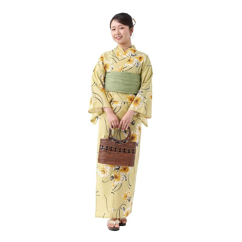 [たゆたふ] デート浴衣 平織 浴衣 3点セット 大人 セット 女性 帯 下駄 レディース (ひまわり黄色系)