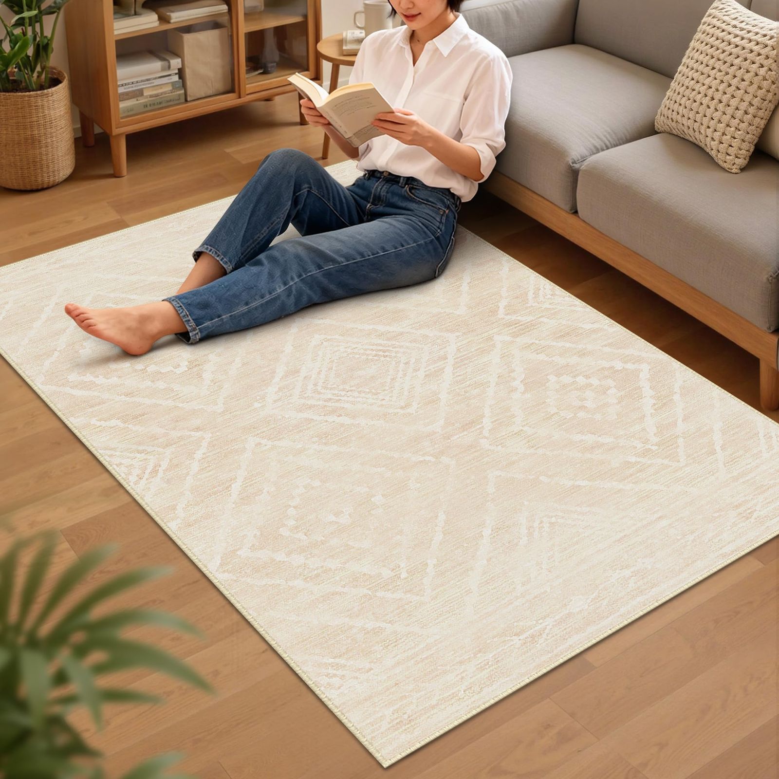 INOVADAY カーペット ラグ 洗えるラグマット 130×185cm 約1.5畳 さらっとした手触り 滑り止め付き オールシーズン 床暖房 ホットカーペット対応 軽量 簡単に掃除 低ホルム 北欧 おしゃれ プリント 絨毯 ベージュｍａ