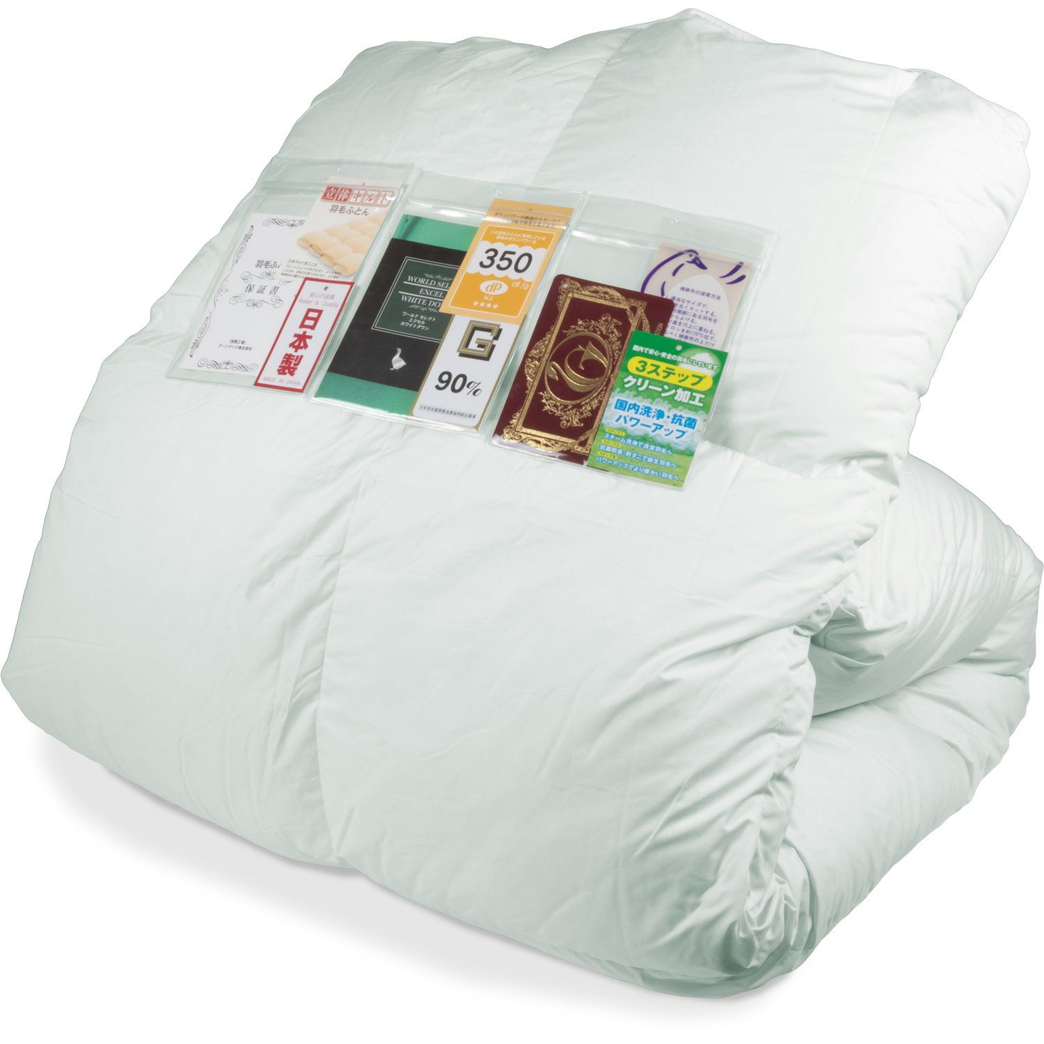 安眠工場 上質羽毛布団 シングル【羽毛量1.2kg】日羽協エクセルゴールドラベル認定品質 ホワイトダウン90% 350dp（かさ高性145mm）以上 軽量生地 防ダニ加工 国内洗浄・抗菌防臭・パワーアップ加工 グリーン 非圧縮梱包 日本製★m