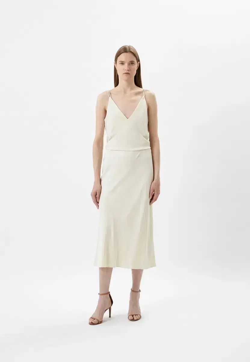 新品)Calvin Klein カルバン・クライン CK 24ss サテンスカート ロゴウェスト アイボリー シルキー ロングスカート