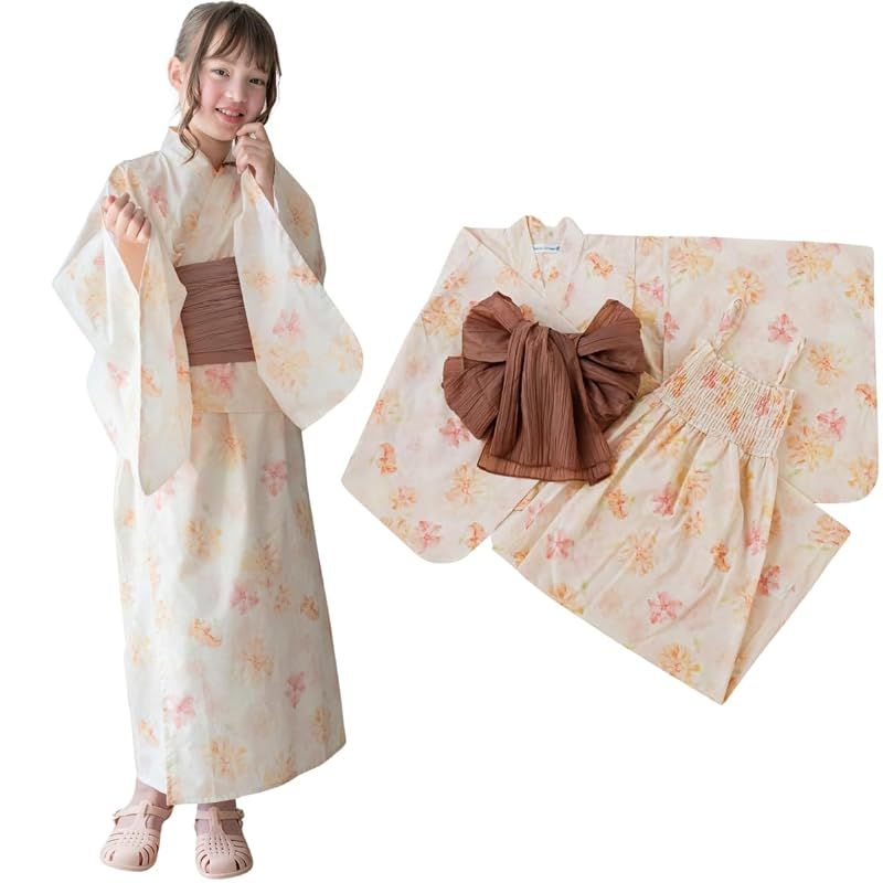[キャサリンコテージ]キッズ 女の子 ワンピースにもなる浴衣 2WAYセパレート浴衣セット WB007 M（130-140cm） 水彩花柄アプリコット[ORA6] TAK