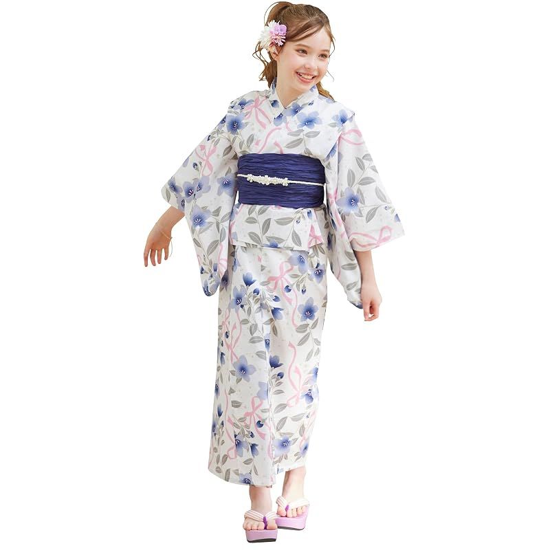 [アリサナ] 浴衣 ２Way こども 女の子 セパレート 子供 120 130 140 150 160 (上衣・ワンピース・兵児帯の3点セット) 桔梗ホワイト 120cm