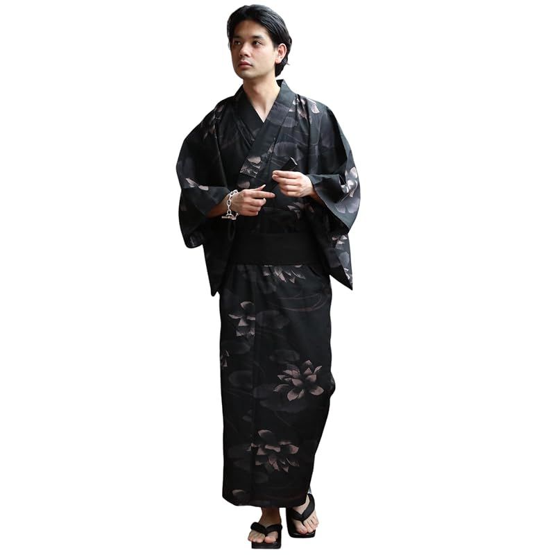 8(eight) (エイト) 和柄 総柄 浴衣 3点セット メンズ 浴衣 帯 下駄 コットン 蓮の花ブラックL