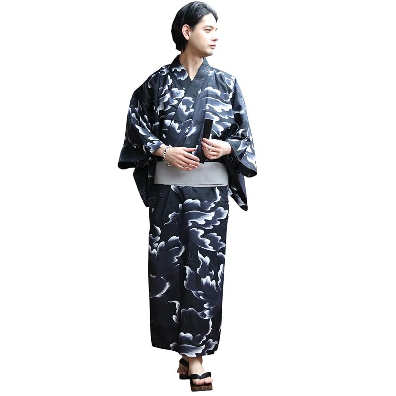 8(eight) (エイト) 和柄 総柄 浴衣 3点セット メンズ 浴衣 帯 下駄 コットン 金魚ネイビーL