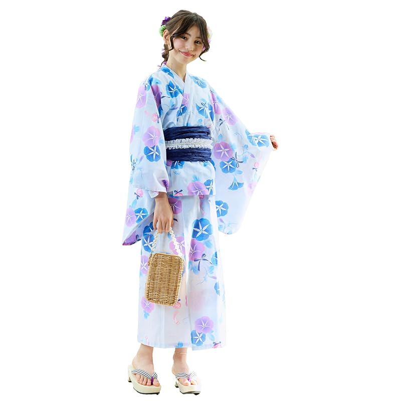 [アリサナ] 浴衣 ２Way こども 女の子 セパレート 子供 120 130 140 150 160 (上衣・ワンピース・兵児帯の3点セット) 朝顔ブルー120cm