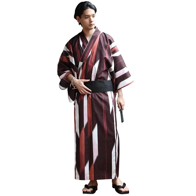 8(eight) (エイト) 和柄 総柄 浴衣 3点セット メンズ 浴衣 帯 下駄 コットン 矢絣レッドM