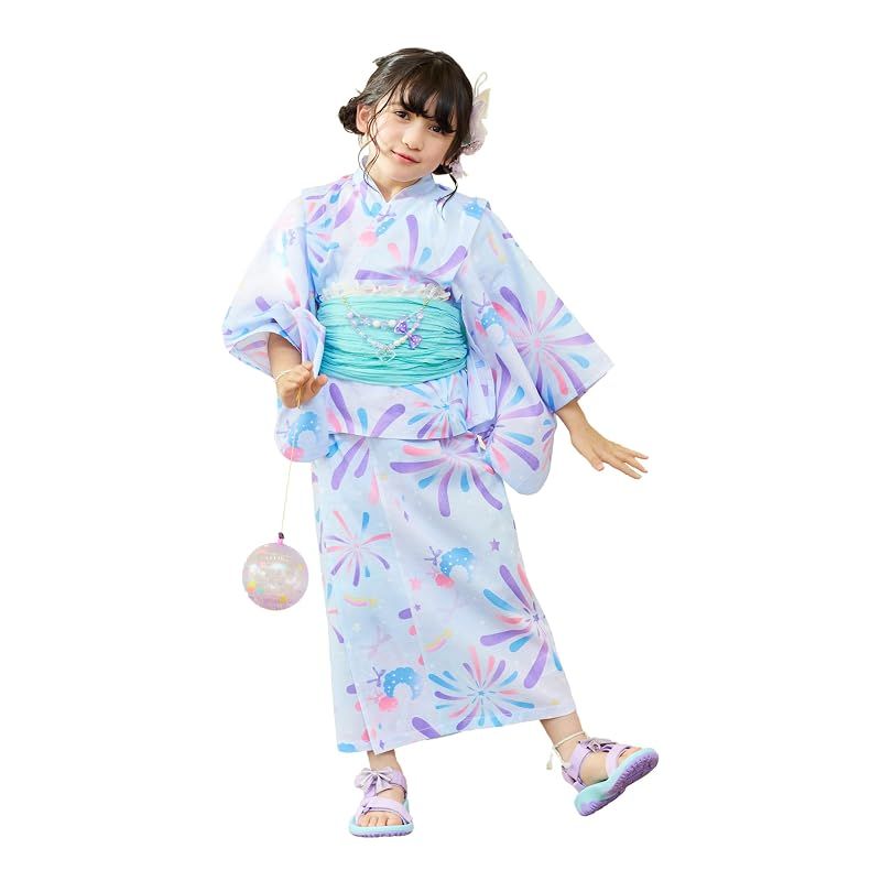 [アリサナ] 浴衣 ２Way こども 女の子 セパレート 子供 120 130 140 150 160 (上衣・ワンピース・兵児帯の3点セット) 花火ブルー120cm
