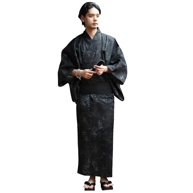 8(eight) (エイト) 和柄 総柄 浴衣 3点セット メンズ 浴衣 帯 下駄 コットン 獅子雲花鳥ブラックLL