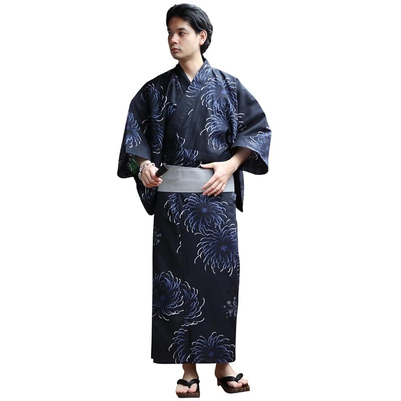 8(eight) (エイト) 和柄 総柄 浴衣 3点セット メンズ 浴衣 帯 下駄 コットン 花火ネイビーL