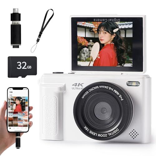 4Kデジカメ スマホに送れる デジタルカメラ 6400万画素 3.0インチ 180度回転ディスプレイ 広角マクロレンズ 16倍デジタルズーム MicroSD対応 最大512GB 1000mAh大容量 フィルター機能付き コンパクト設計 日本語 1db9109a