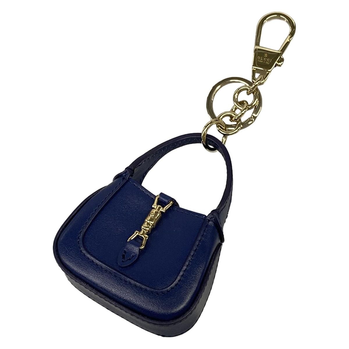 GUCCI(グッチ) キーホルダー(チャーム) ニュージャッキー 763285 ネイビー×ゴールド バッグモチーフ レザー