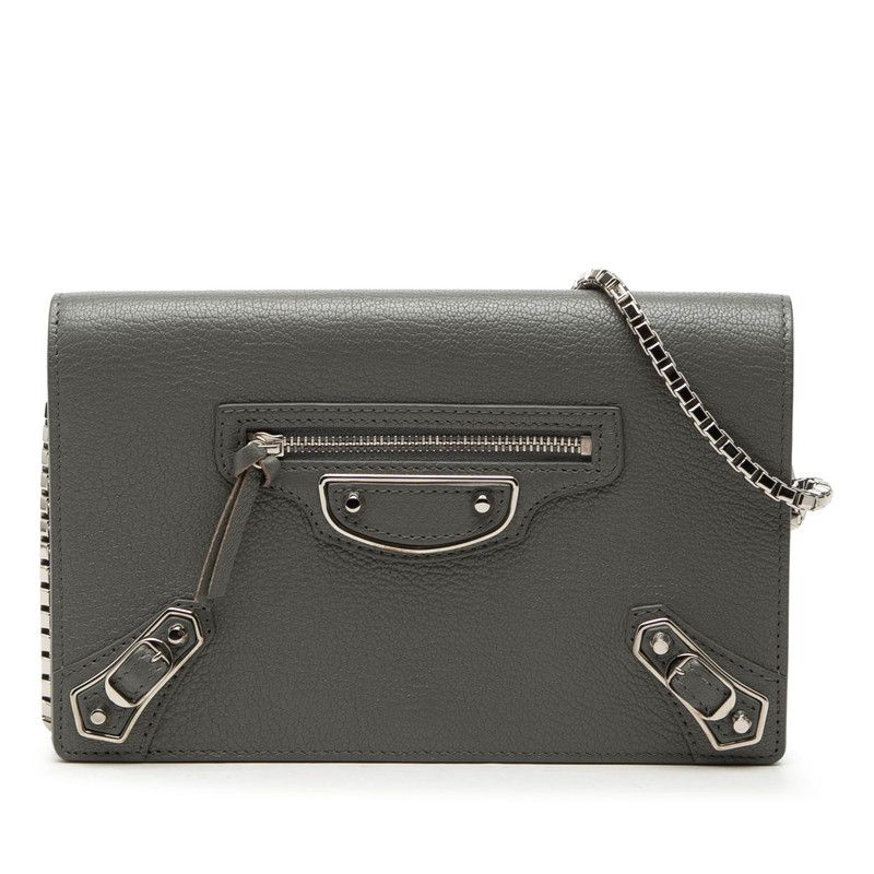 バレンシアガ クラシック メタリック エッジ チェーン ウォレット ショルダー 444169 グレー レザー レディース BALENCIAGA【1-0265245】