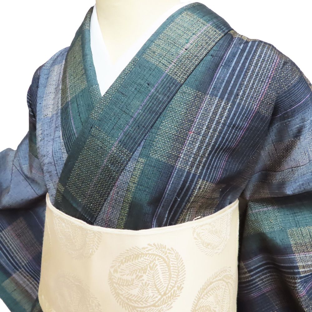 結城紬 着物 中古 正絹 袷 カジュアル ラベル付き 草木染 格子模様 鼠