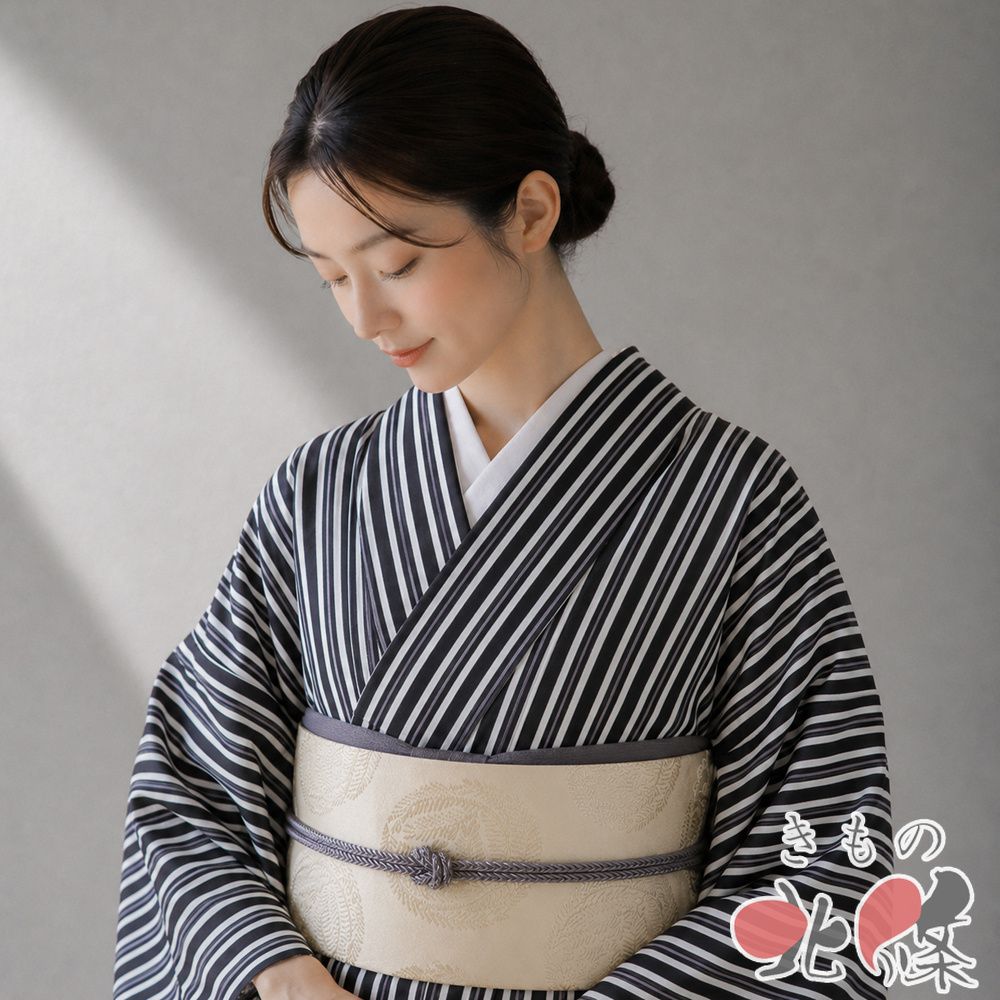 特選 小紋 着物 中古 正絹 袷 カジュアル 縦縞模様 ストライプ 黒色 白色 半色 身丈163.5cm 裄68cm L きもの北條 A1386-7