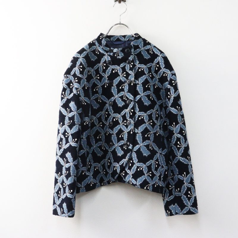 美品 定15.4万 2024AW ミナペルホネン mina perhonen sing leaf 刺繍 ウールブレンドツイードジャケット 38 ネイビー┃【2400015032207】
