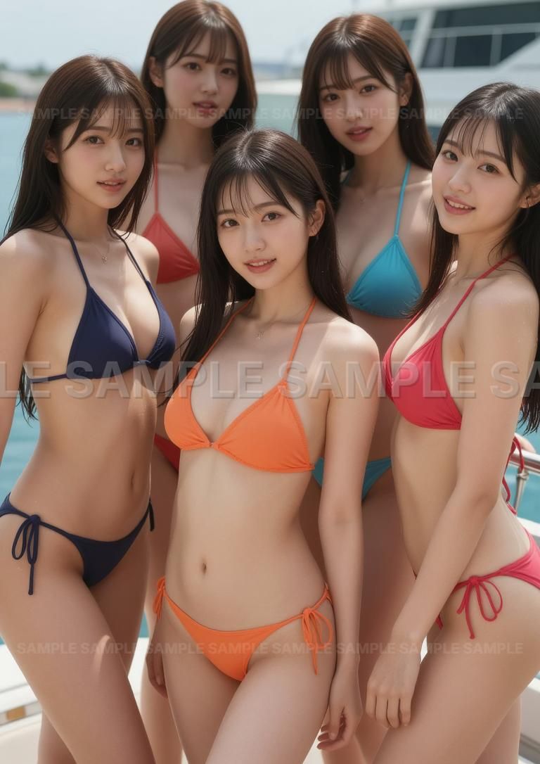 新作…南国リゾートの美しい海…美しい波の音…♡ブルーオニキス&マザーオブパール➂ AIアート】【夏色ビキニ】南国リゾート 海 boating 5人娘 水着