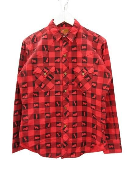 TCBジーンズ TCB JEANS ウエスタンシャツ ブロックチェック 猫柄 Meowchester Shirt レッド ブラック 38