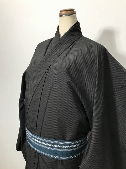 新品 Lサイズ 男物 小紋 化繊 黒地に縞模様