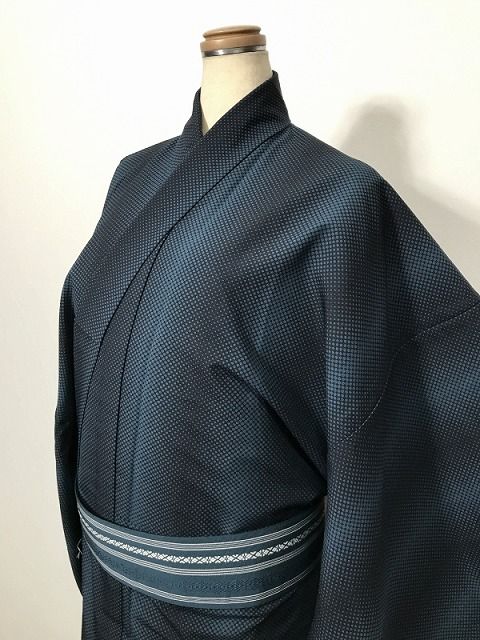 新品 Lサイズ 男物 小紋 化繊 黒地にドット模様