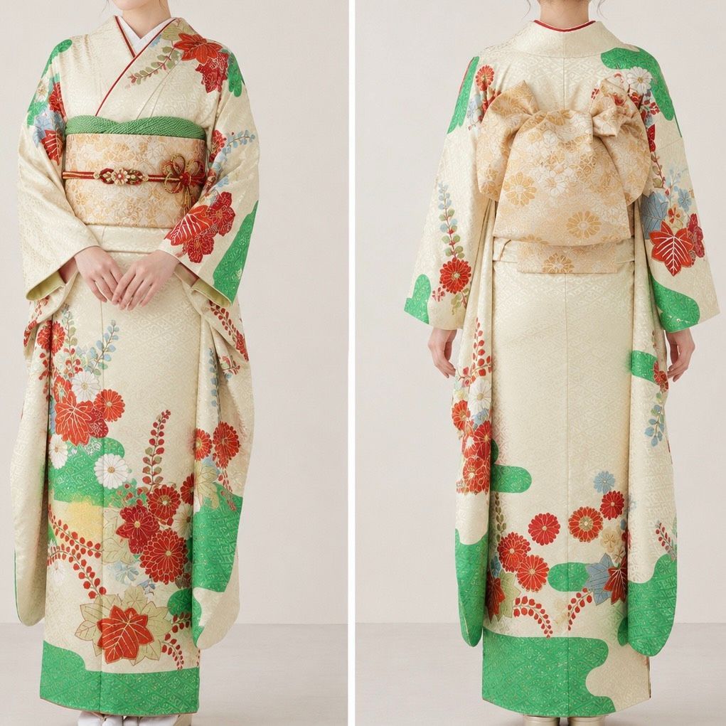 K335 アンティーク着物 振袖 綸子 刺繍 菊 楓 霞 金彩加工 正絹 和装 