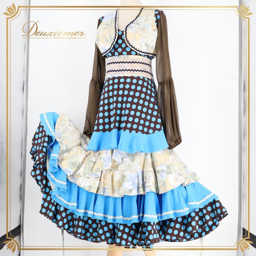 【美品 フラメンコ衣装】ブラック×ドットボランテ 上下セット ツーピース セット フラメンコ 衣装 ツーピース セットアップ 上下セット ブルー系